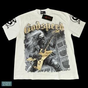Godspeed White Graphic Tee Gold Guitar Skull Rock Band Art Streetwear NEW~NWT